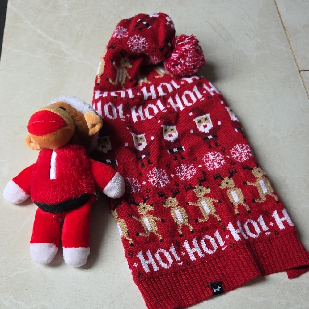 Hotel Doggy Red Festive Knit Sweater With Hoodie Plus Toy